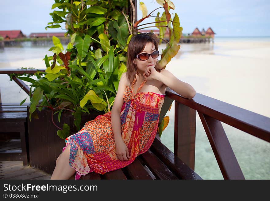 Chinese beauty with colorful one piece dress