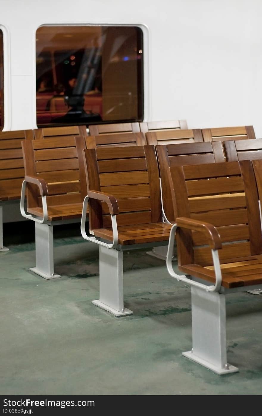 Empty passenger seats of a ship.