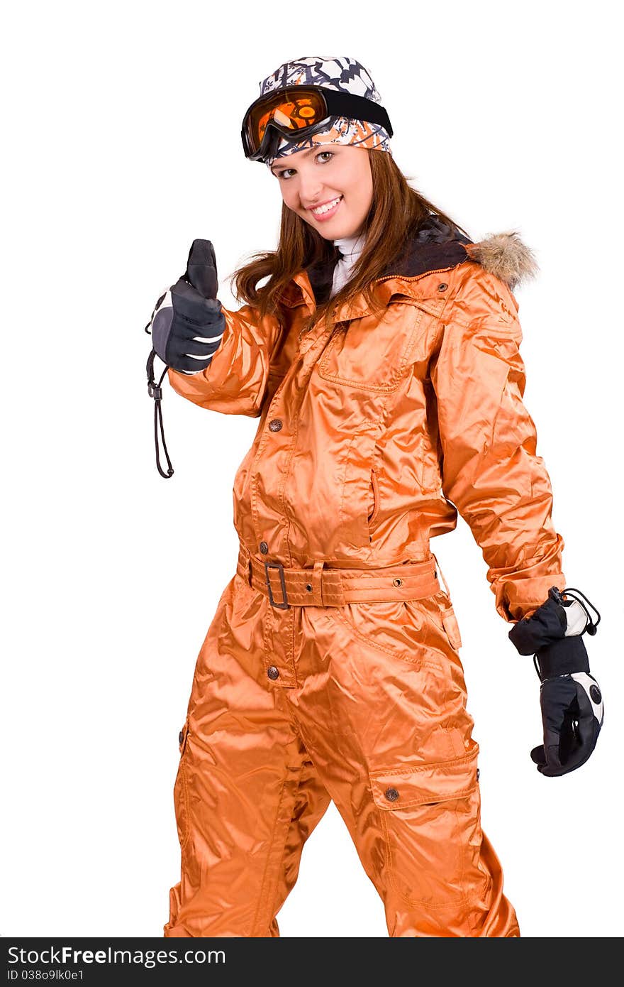 Young snowboard woman standing with thumb up isolated on white. Young snowboard woman standing with thumb up isolated on white