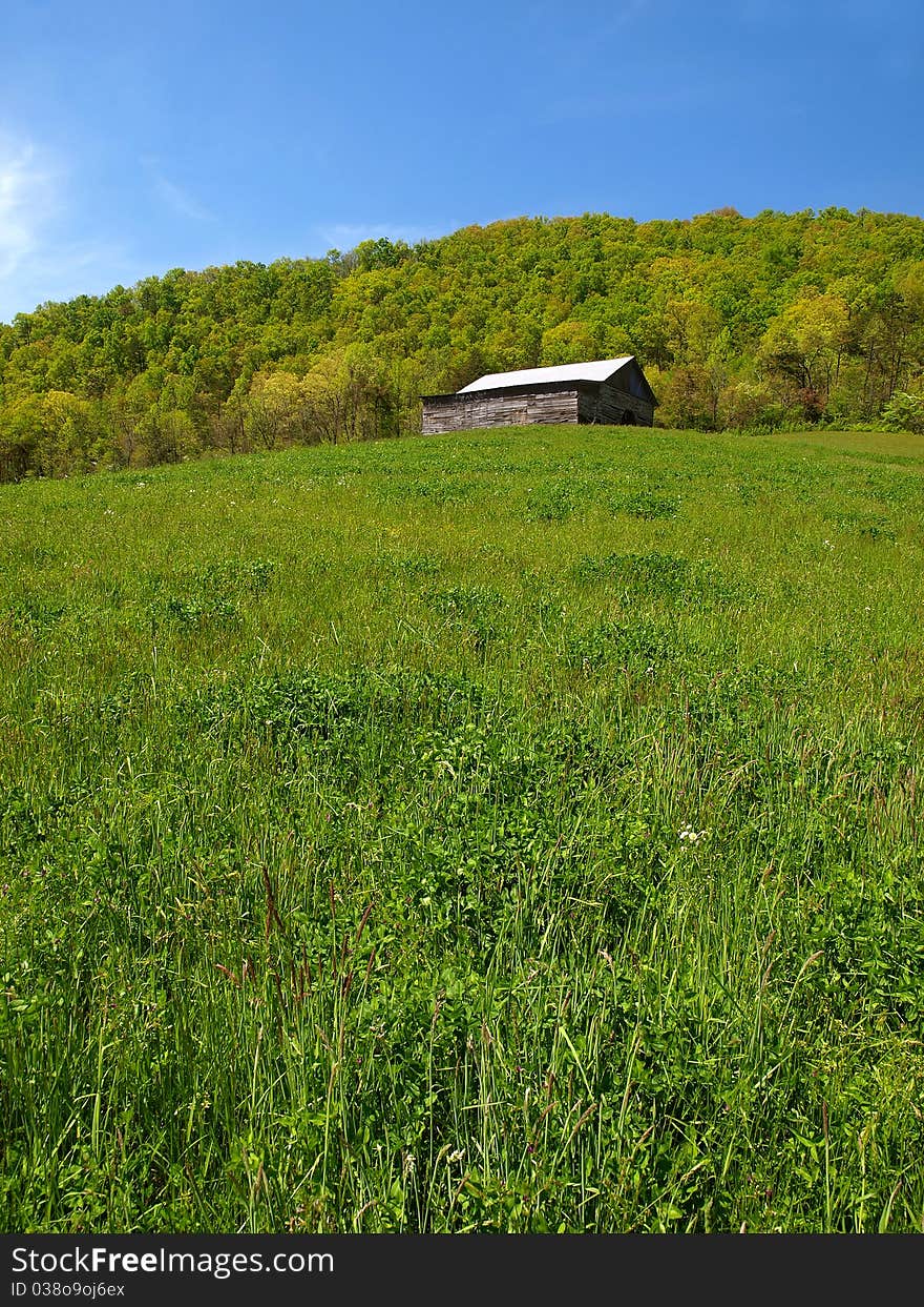 Mountain barn in spring