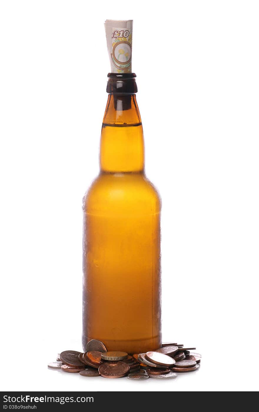 Beer bottle with sterling money studio cutout