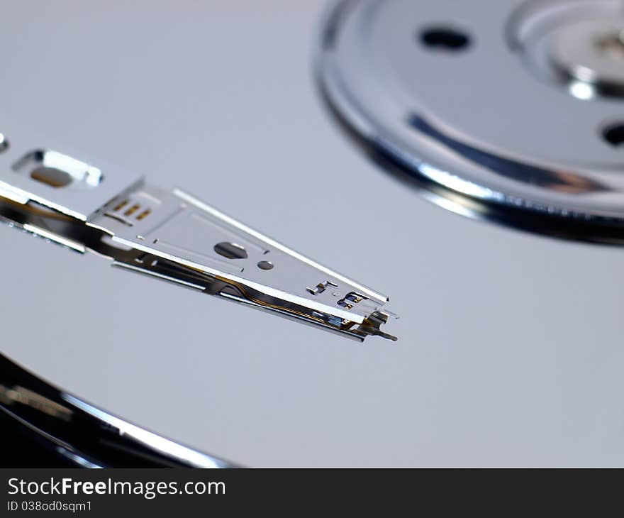 Inside close-up view of a computer hard drive