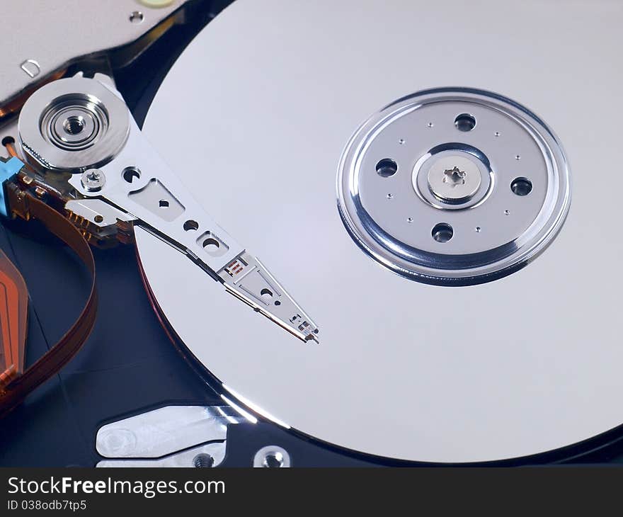 Inside close-up view of a computer hard drive