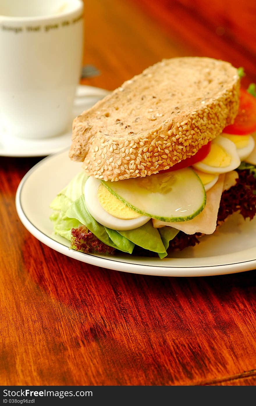 Ham sandwich with red pepper and leaf lettuce