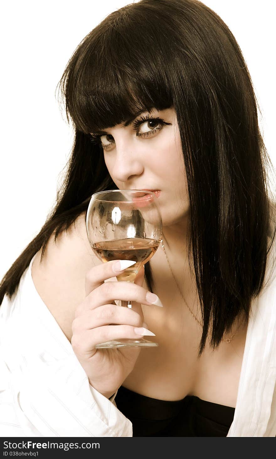 The woman with a glass on a white background