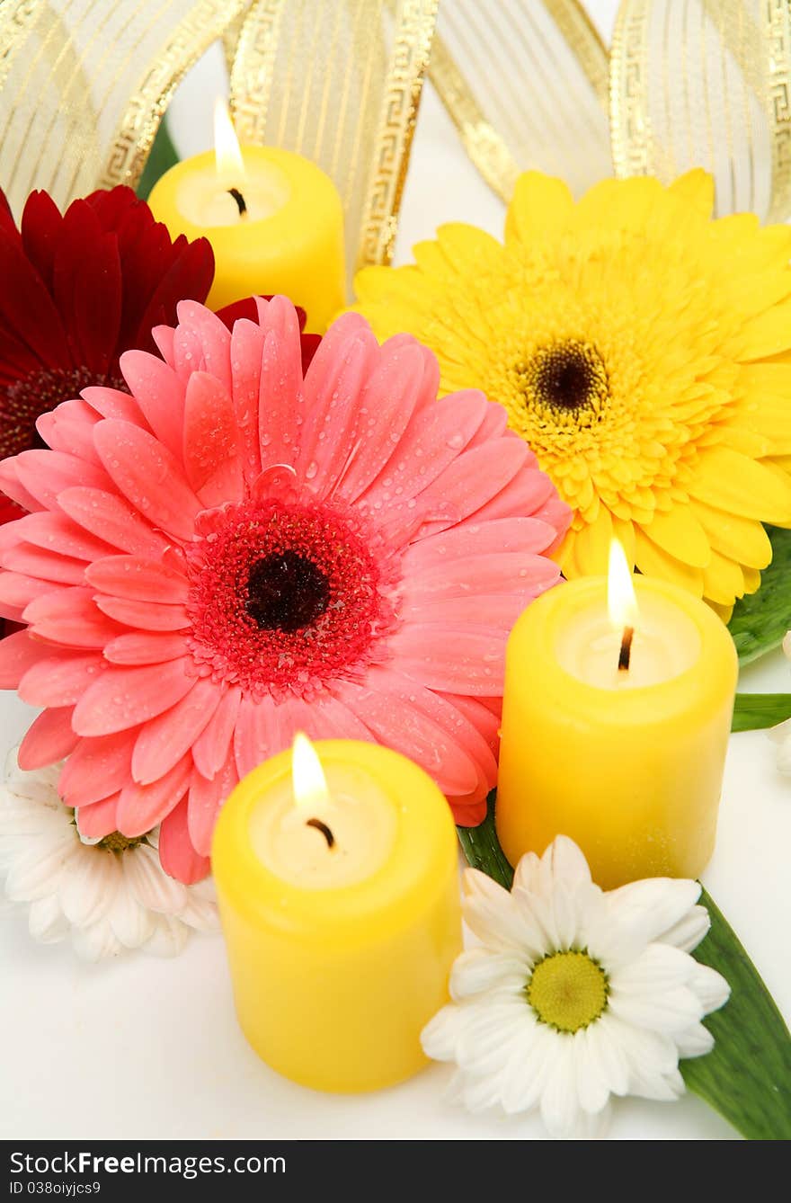 Flowers and candles on a white background