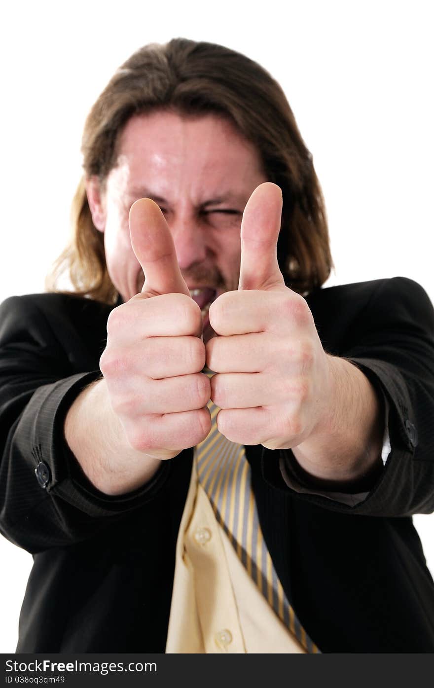 Young successful businessman with thumbs up isolated on white background.