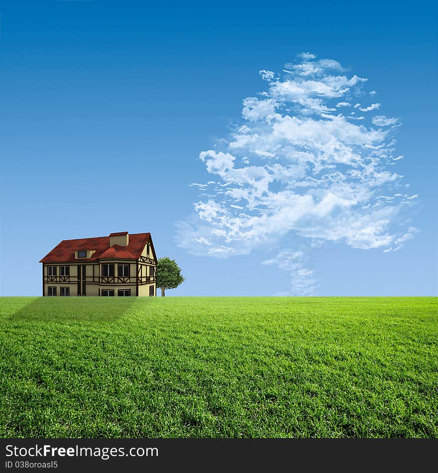 House on a green meadow and the cloud