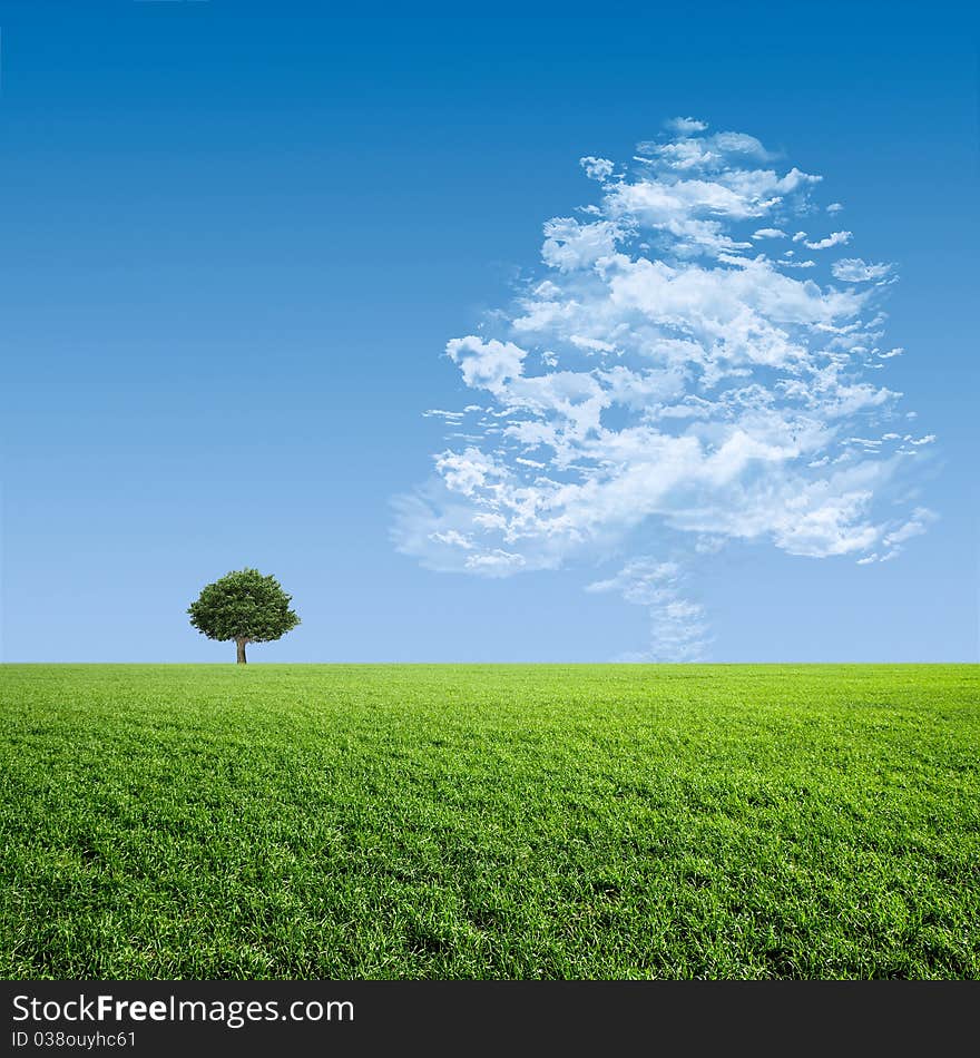 Cloud in a tree on a green meadow