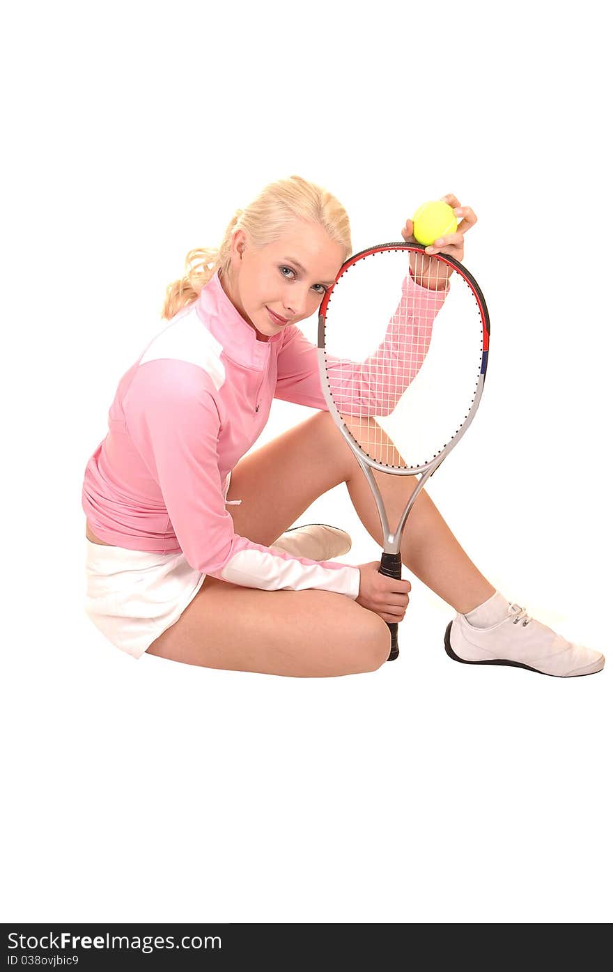 An portrait of a gorgeous teenager with curly blond hair and blue eyes, sitting on the floor in a tennis outfit, for white background. An portrait of a gorgeous teenager with curly blond hair and blue eyes, sitting on the floor in a tennis outfit, for white background.