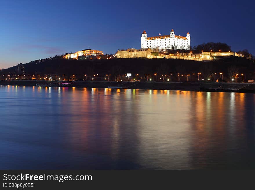 Bratislava castle at night with reflection