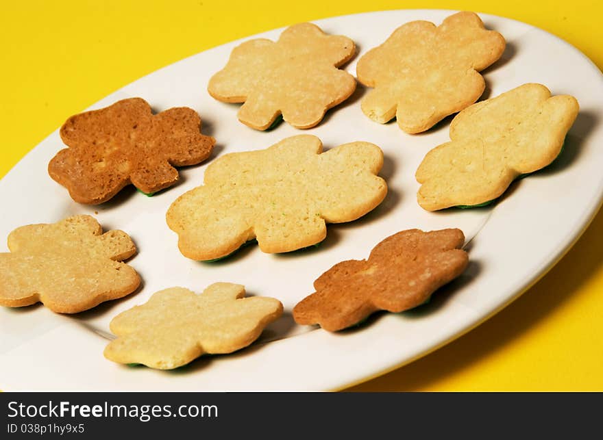 Close up of Shamrock cookies on plate