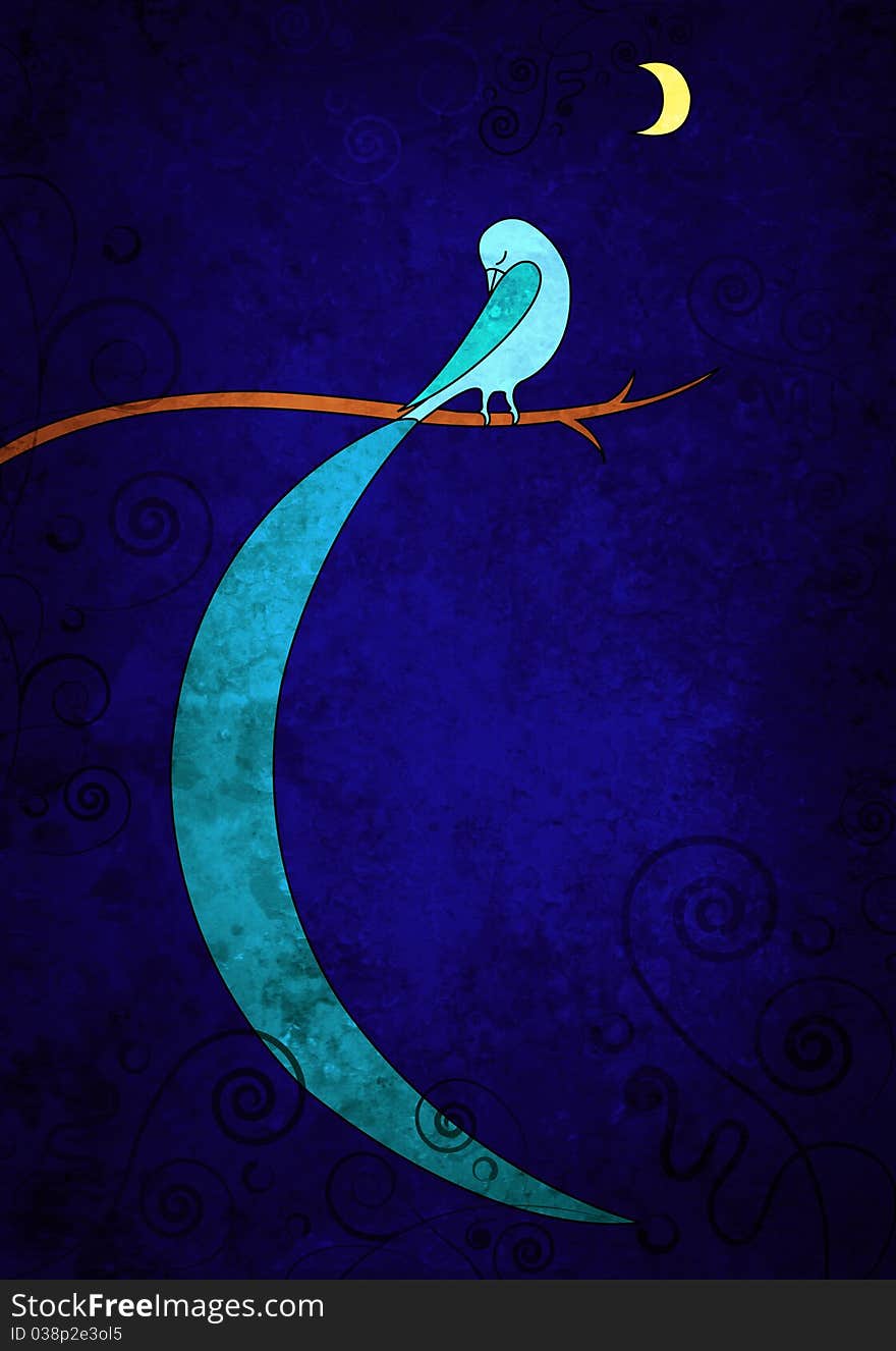 Blue bird and the moon in the dark blue night. Blue bird and the moon in the dark blue night