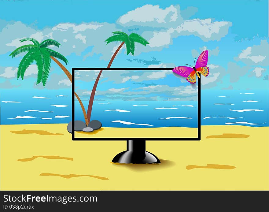 The monitor is on the beach.