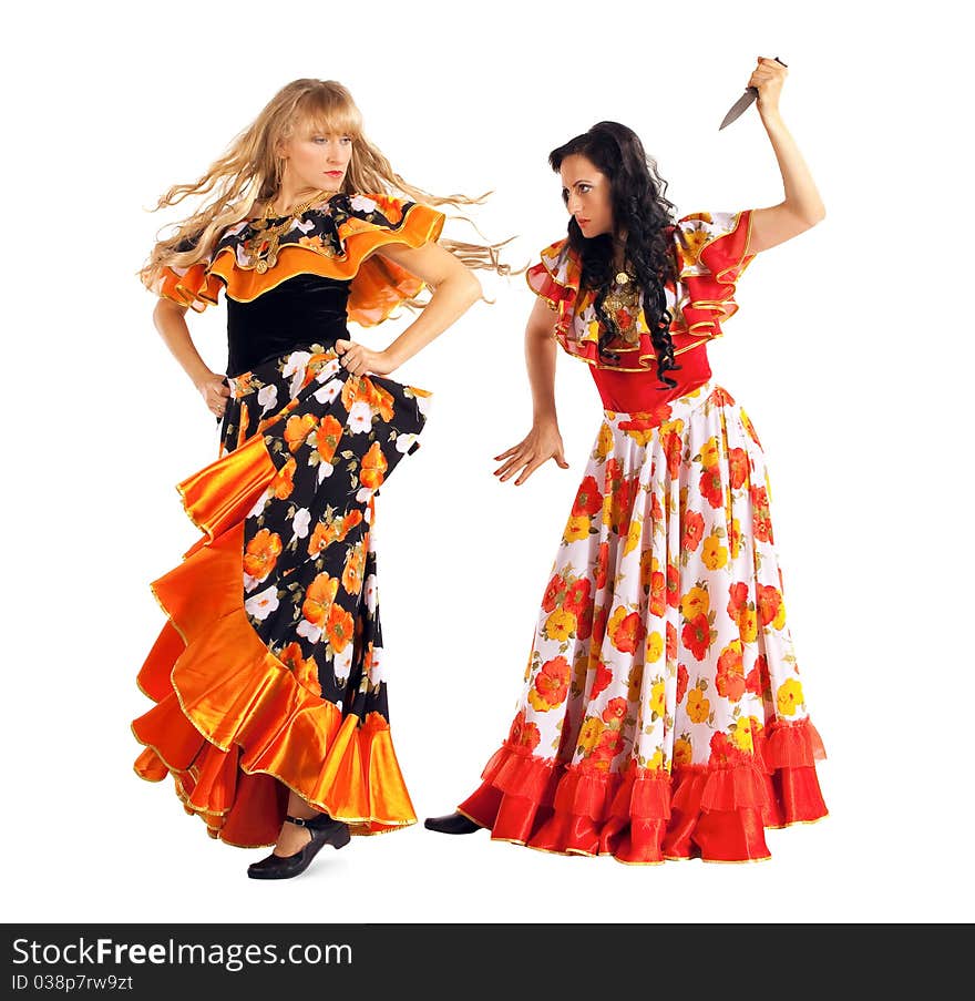 Two agressive woman in gypsy costume