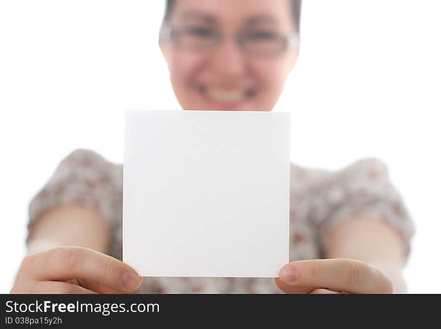 Woman holding blank card, on white background