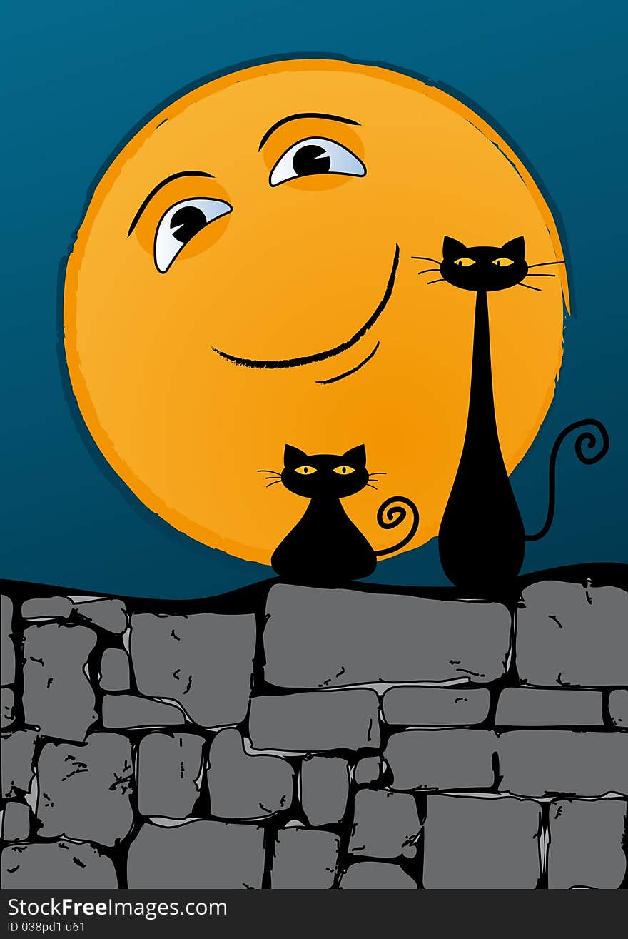 Black cats on the wall. Illustration