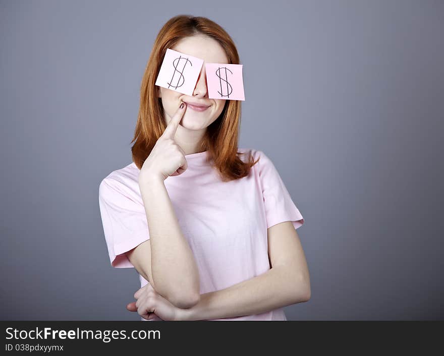 Girl With Dollars Symbol On Eyes.