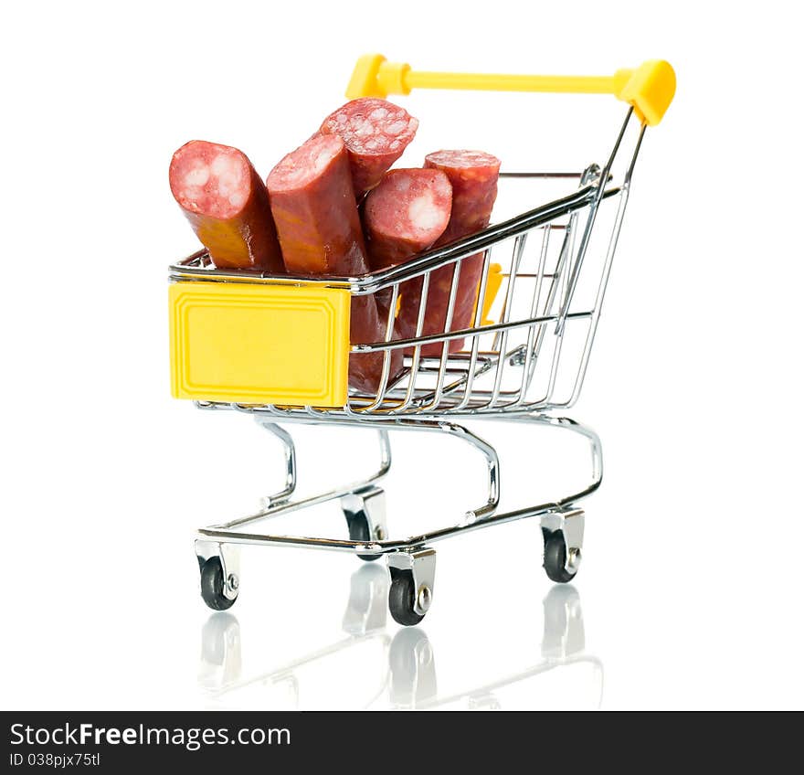 Salami sausage in the shopping cart. Isolated.