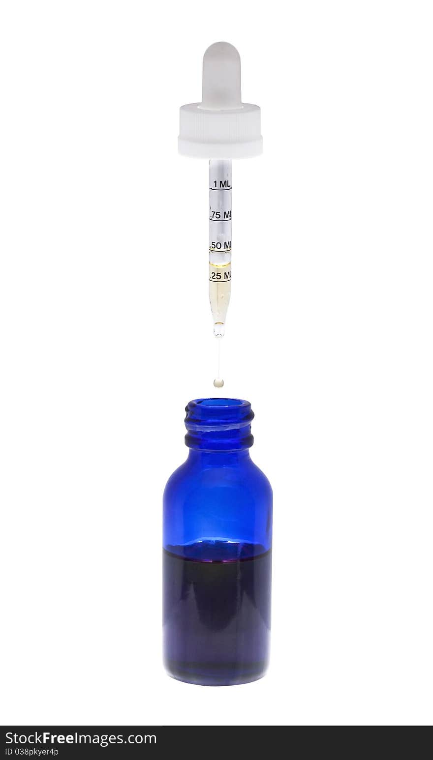 Isolated blue eye dropper bottle and eye dropper with drop in mid air.