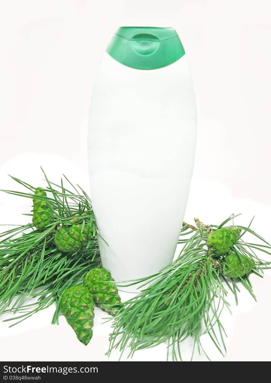 Green shower gel bottle with fir natural coniferous extract. Green shower gel bottle with fir natural coniferous extract