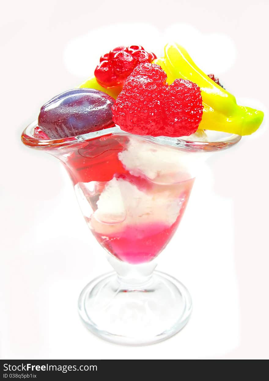 Cherry dessert with pudding and jelly fruits