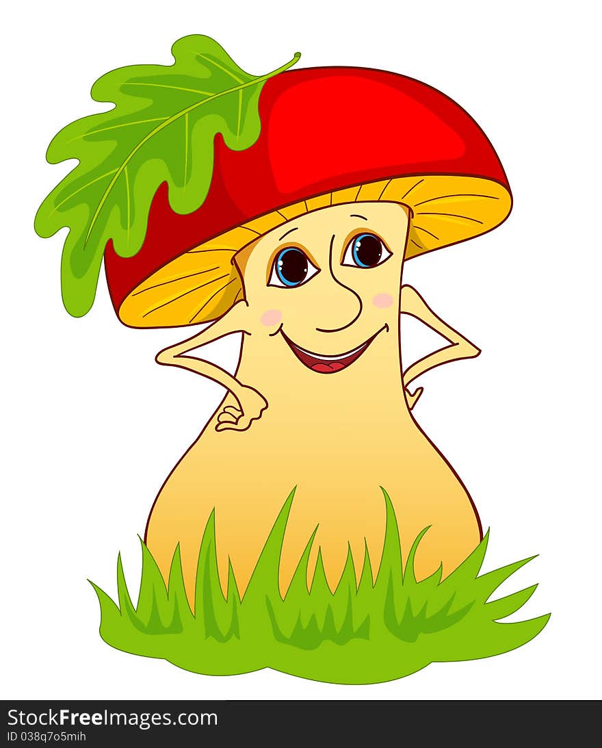 Mushroom on a grass. Isolated on white. Cartoon  illustration.