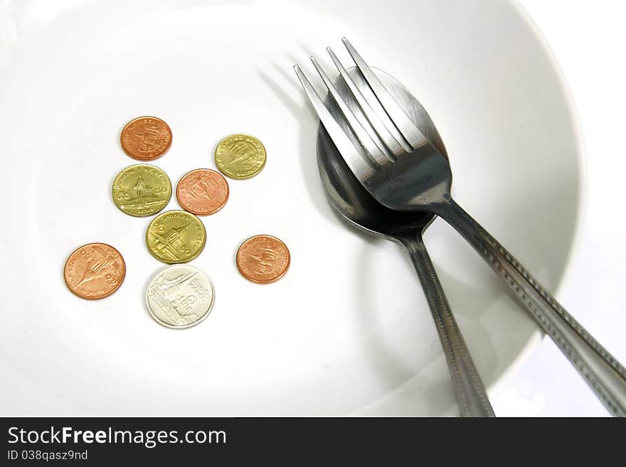 Asia Coins In White Plate With Spoon