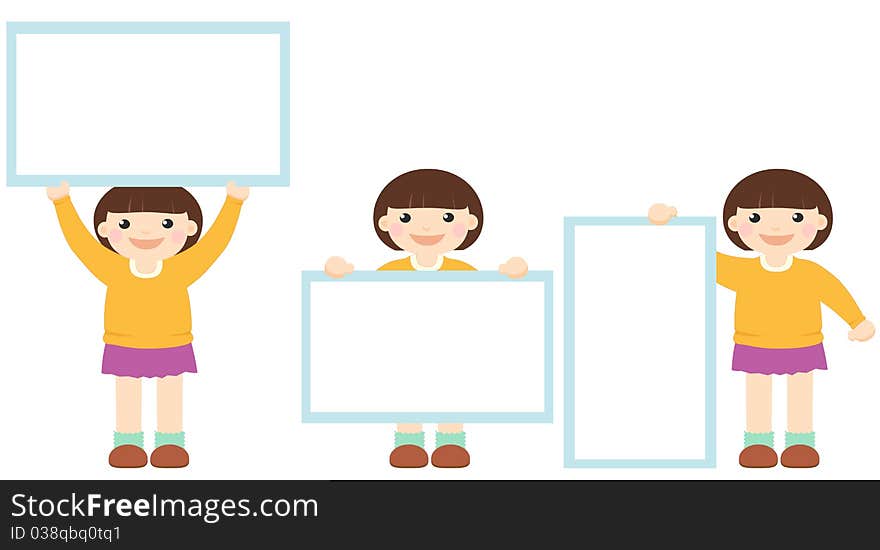 Toddler girl holding an empty sign over a white background with three different poses. Toddler girl holding an empty sign over a white background with three different poses