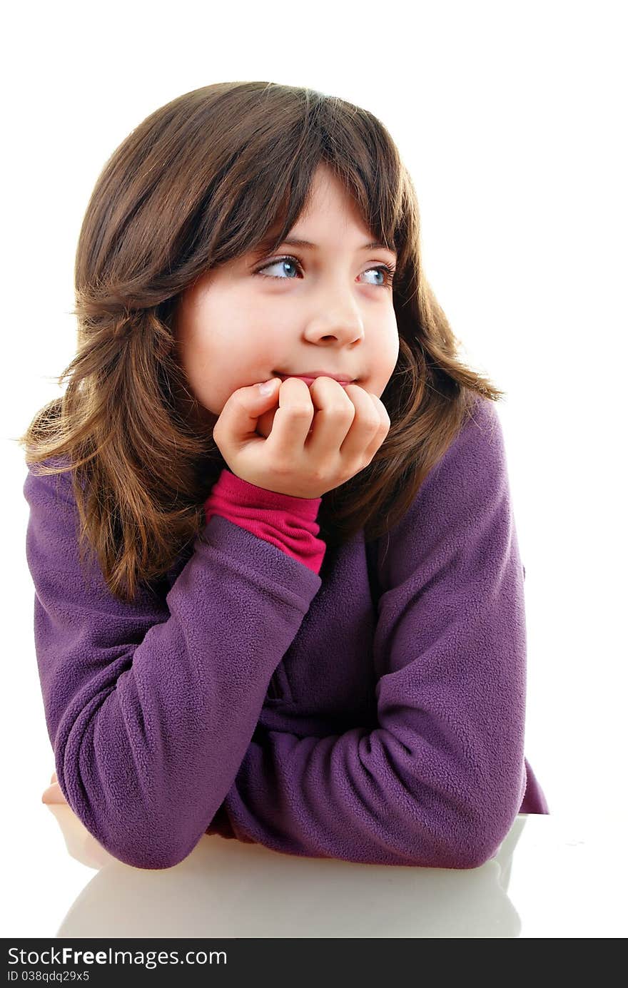 Little girl thinking on white background