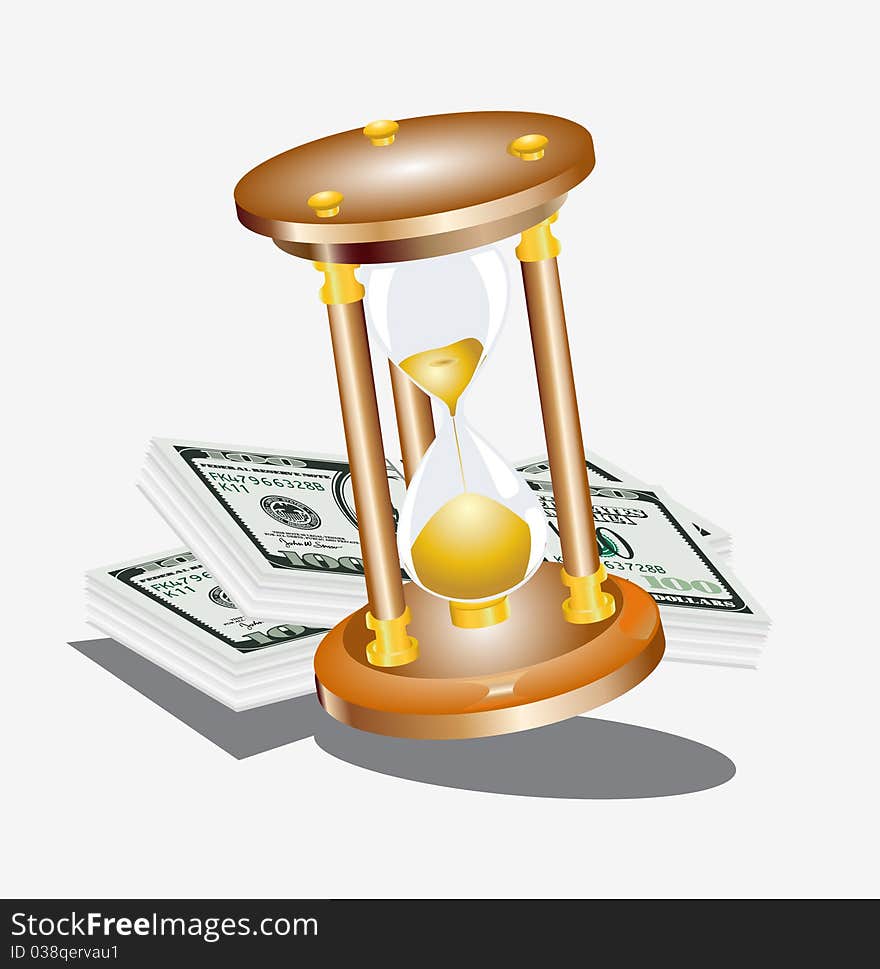 There is a sand clock with money. There is a sand clock with money