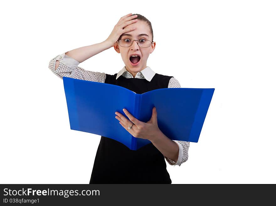 Business woman with blue folder isolated. Business woman with blue folder isolated