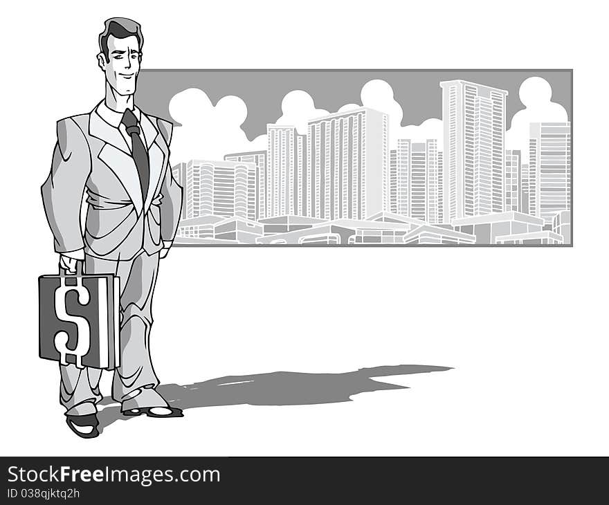 Young successful businessman standing near Panorama City.In his hand was a briefcase.Additionally, a vector EPS format.