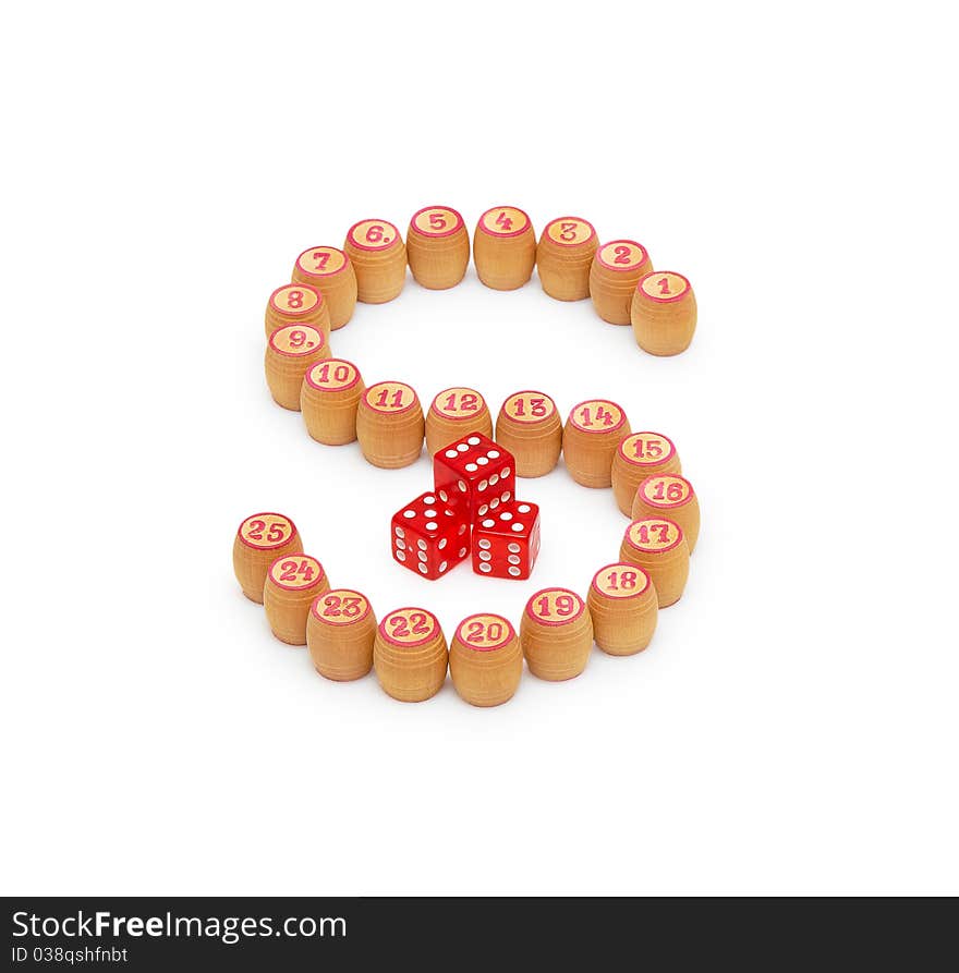 Barrels bingo in the form of dollar isolated on a white background. Barrels bingo in the form of dollar isolated on a white background