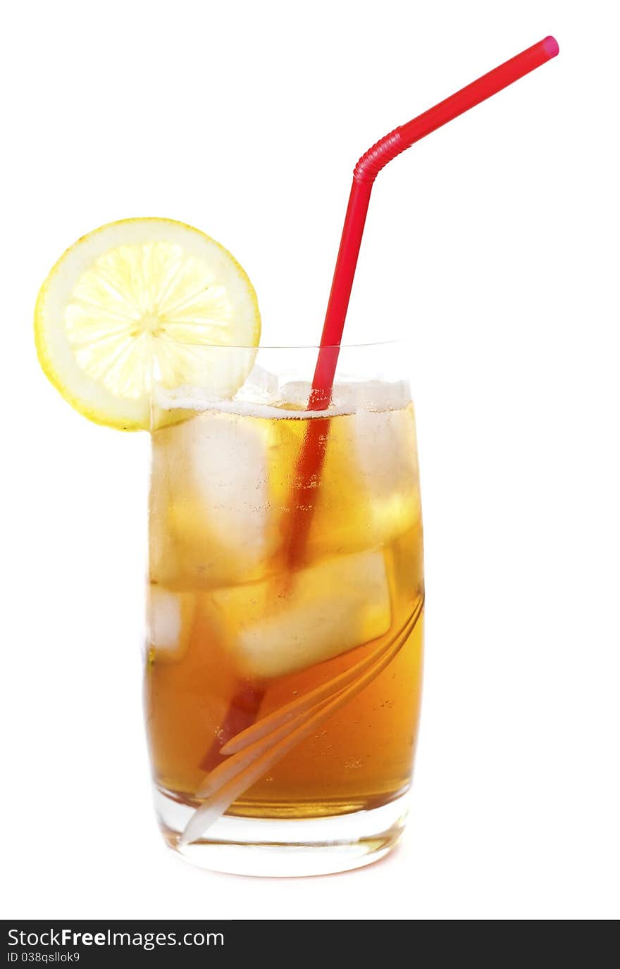 Ice tea in a glass with a lemon slice, isolated on white background. Ice tea in a glass with a lemon slice, isolated on white background