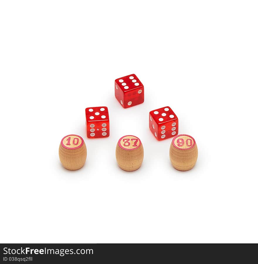 Barrels bingo and dice isolated on a white background