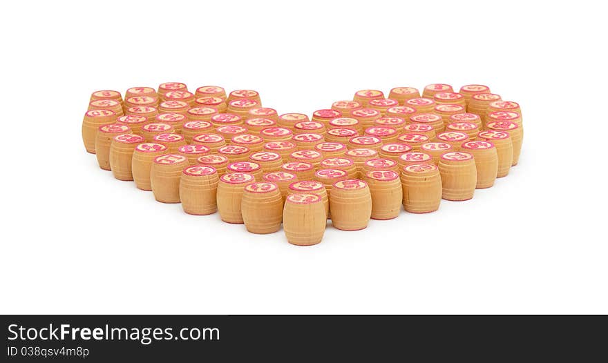 Barrels bingo in the form of heart isolated on a white background