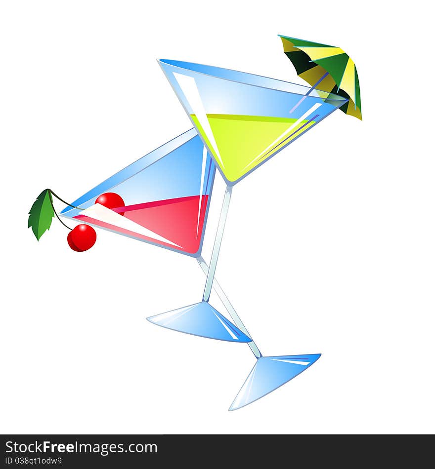 Two crossed goblets with colorful drinks, cherries and umbrella. Two crossed goblets with colorful drinks, cherries and umbrella