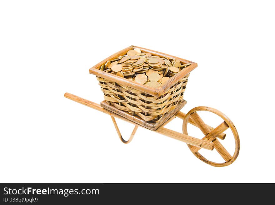 The cart of money and garden tools isolated over white. The cart of money and garden tools isolated over white