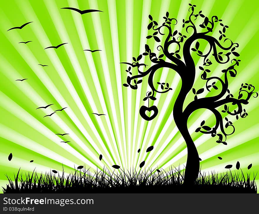 Green landscape with silhouettes of trees and grass. Green landscape with silhouettes of trees and grass