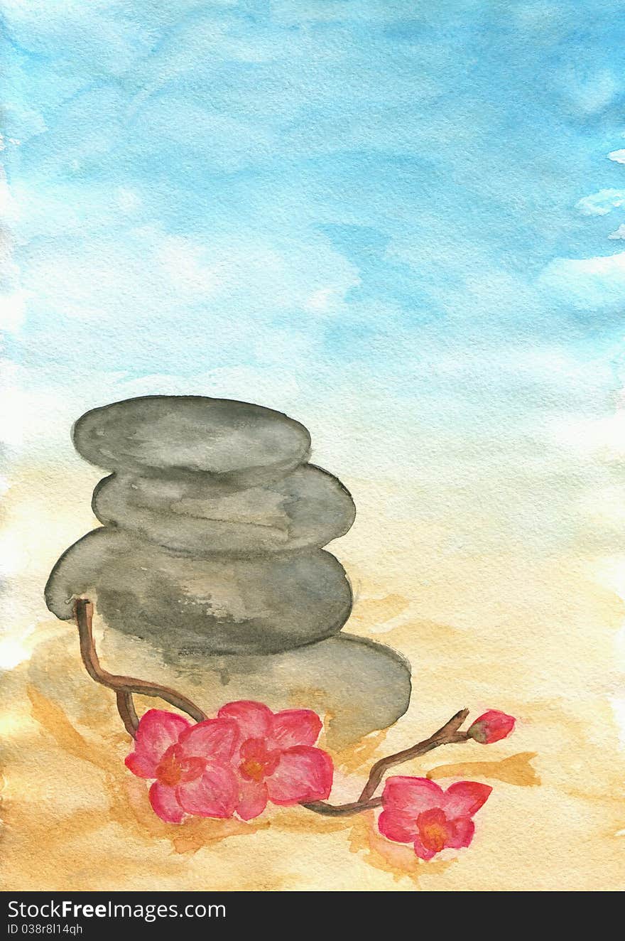 Hand drawn watercolor still-life with stones and orchid. Hand drawn watercolor still-life with stones and orchid