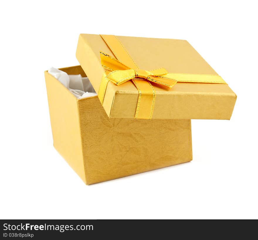 Paper box with ribbon isolated on white