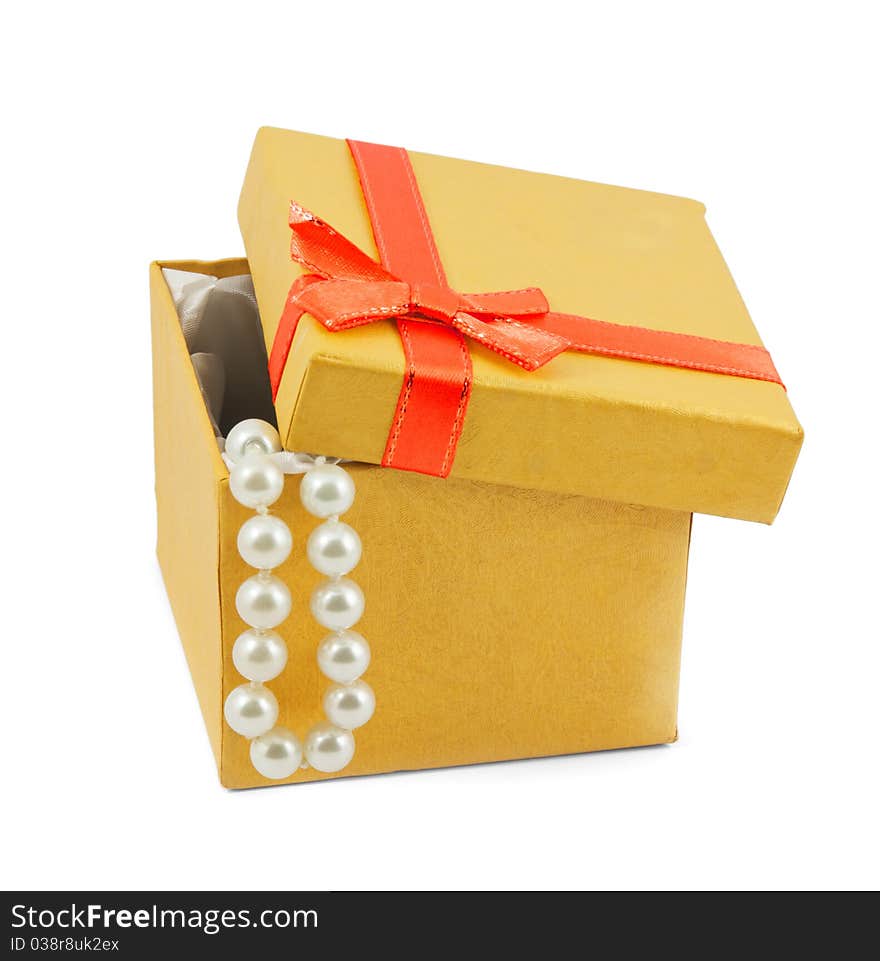 Paper box with ribbon isolated on white