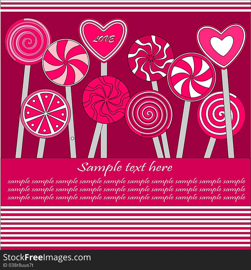 Abstract background with pink, swirly and heart shaped lollipops. Abstract background with pink, swirly and heart shaped lollipops