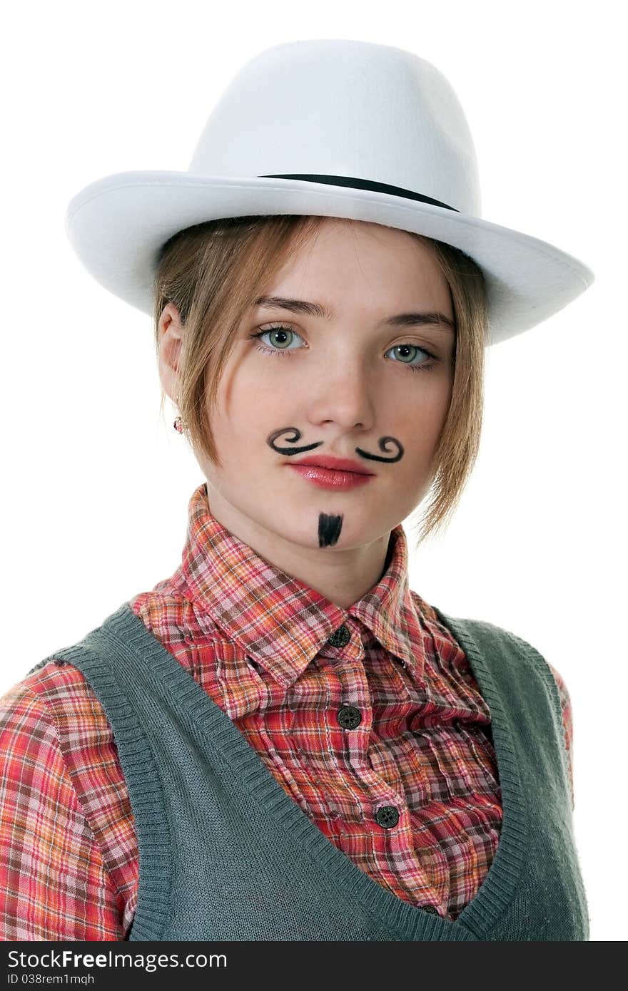 Girl with painted mustaches and bowler hats on white background