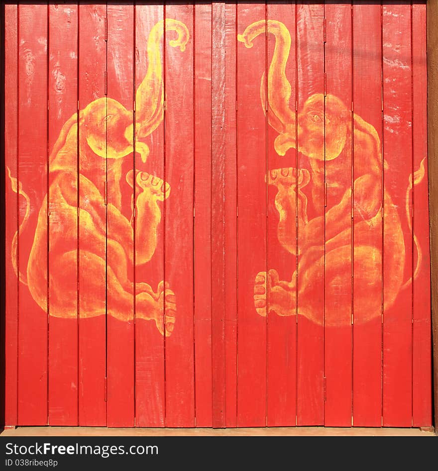 Golden elephant paint wooden door in chaingrai, North of Thailand