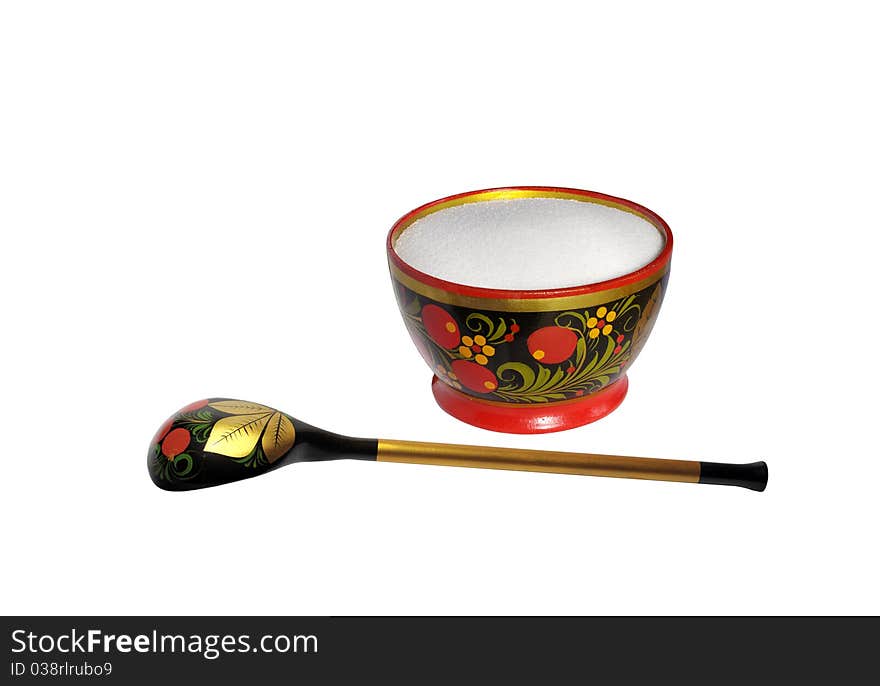 Wooden Painted Spoon And Saltcellar With Salt