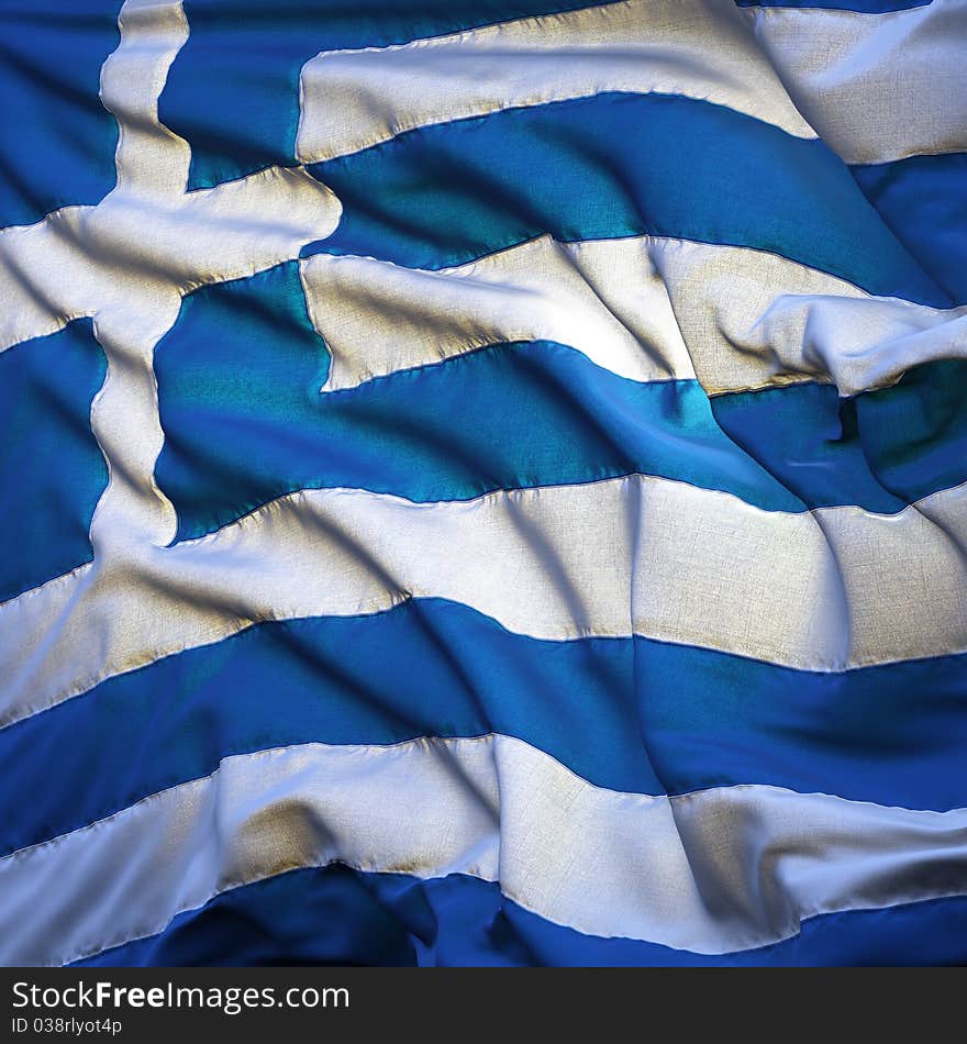 Flag of Greece, fluttering in the breeze, backlit rising sun. Sewn from pieces of cloth, a very realistic detailed state flag with the texture of fabric fluttering in the breeze, backlit by the rising sun light