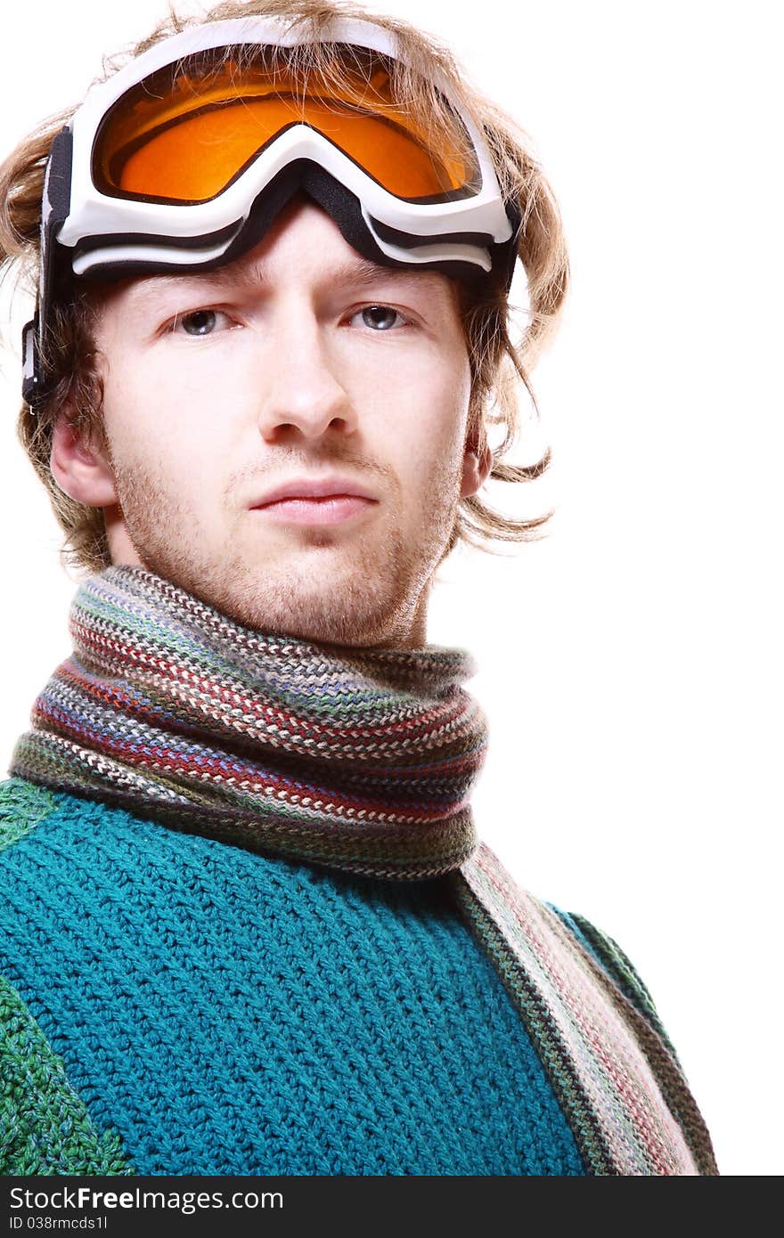 Snowboarder portrait isolated over white background