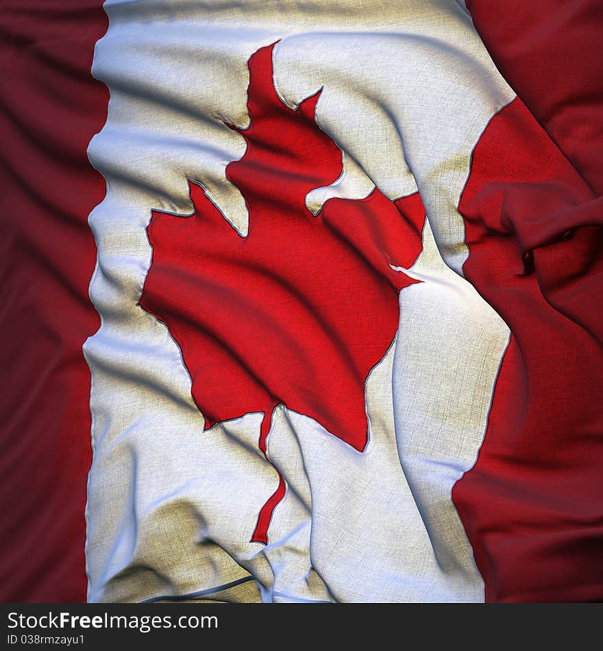 Flag of Canada, fluttering in the breeze, backlit rising sun, fluttered in the wind.Sewn from pieces of cloth, a very realistic detailed state flag with the texture of fabric fluttering in the breeze, backlit by the rising sun light